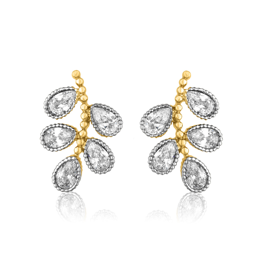 Two-Tone Gold Dainty Vine Earrings with Pear-Shaped Clear Stones