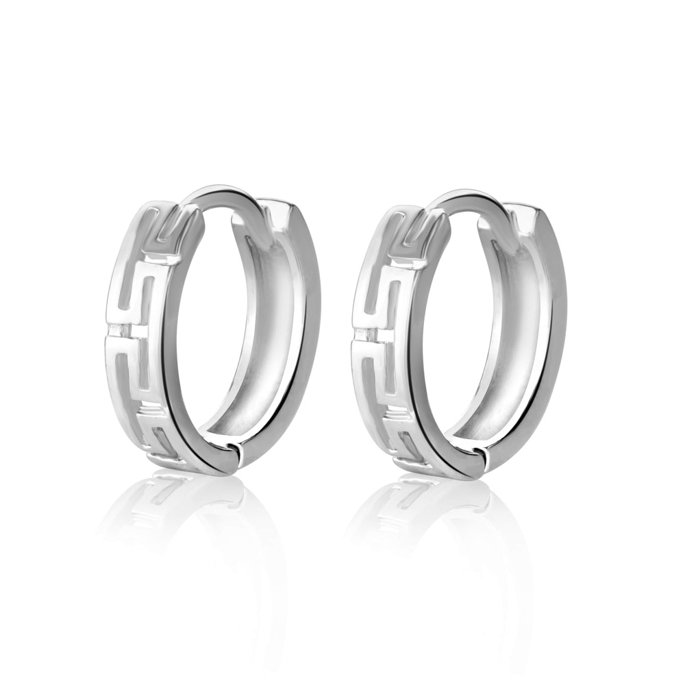 Greek Key Sterling Silver Huggie Hoop Earrings