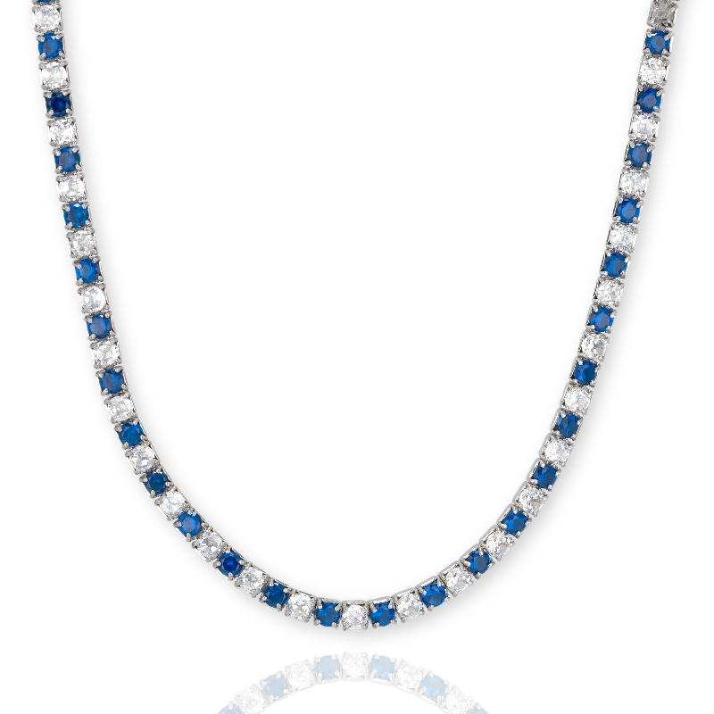 Blue And Clear 2mm Tennis Silver Necklace