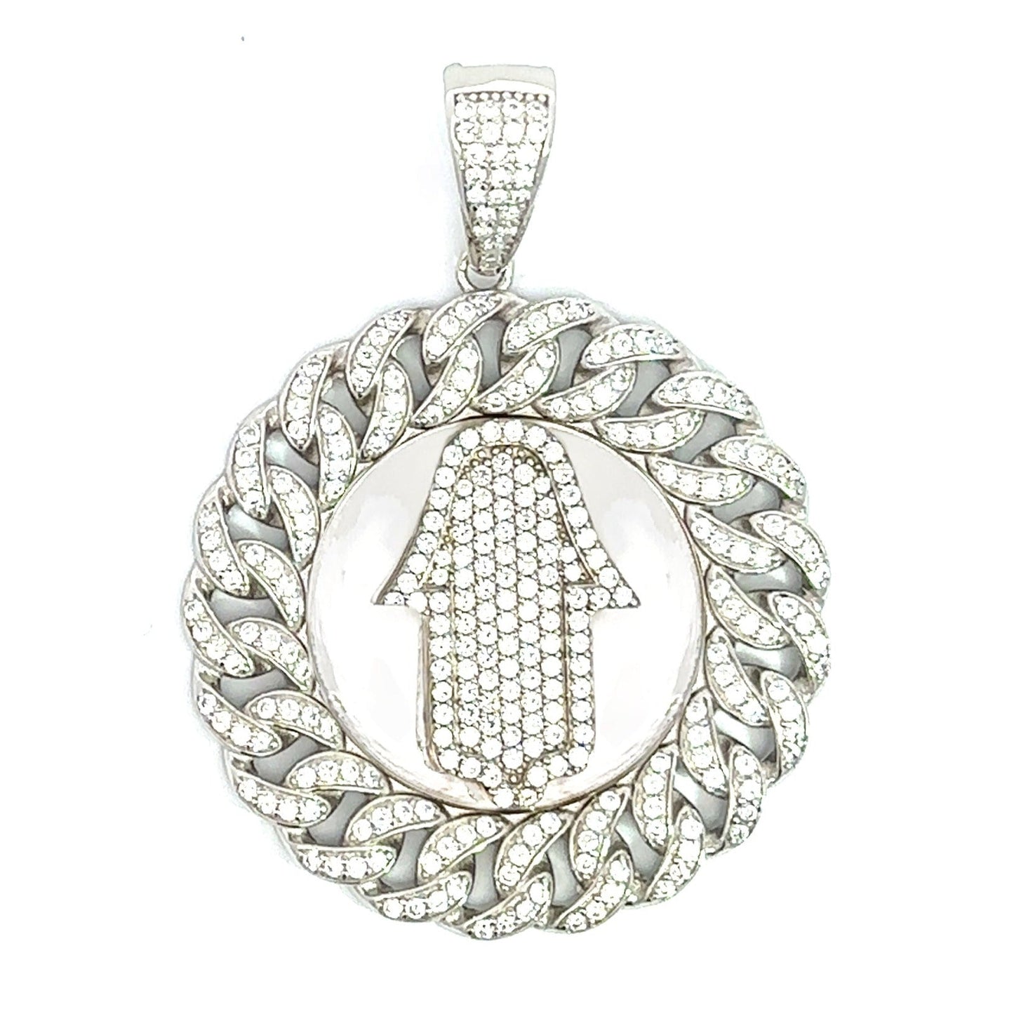 Sterling Silver 925 Hamsa Hand Pendant with Cuban Link Frame