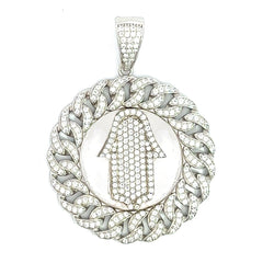 Sterling Silver 925 Hamsa Hand Pendant with Cuban Link Frame