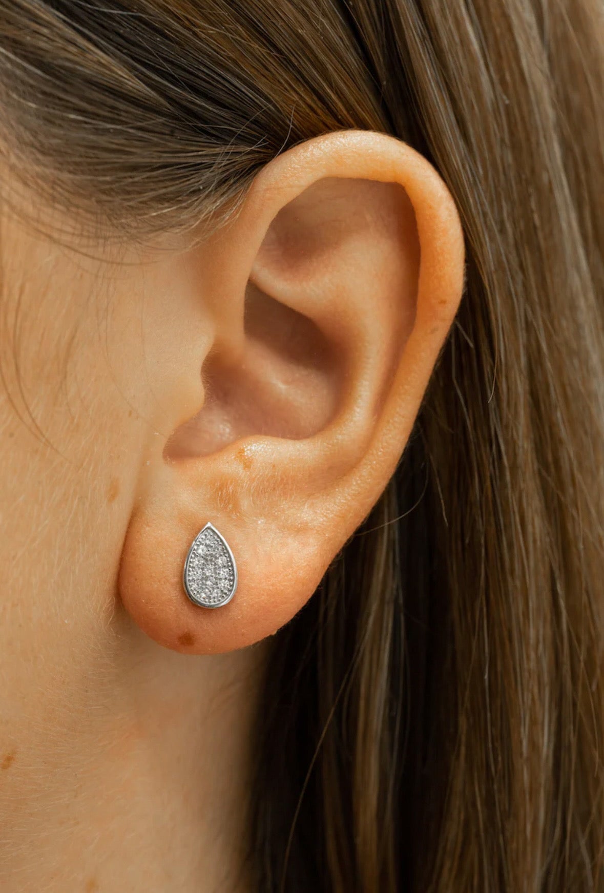 Sterling Silver Teardrop Stud Earrings with Pavé Cubic Zirconia