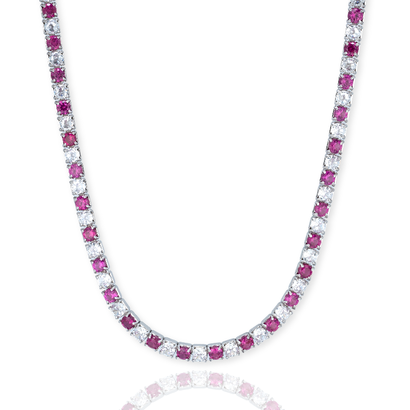 Pink & White 2mm Tennis Necklace - Sterling Silver & CZ