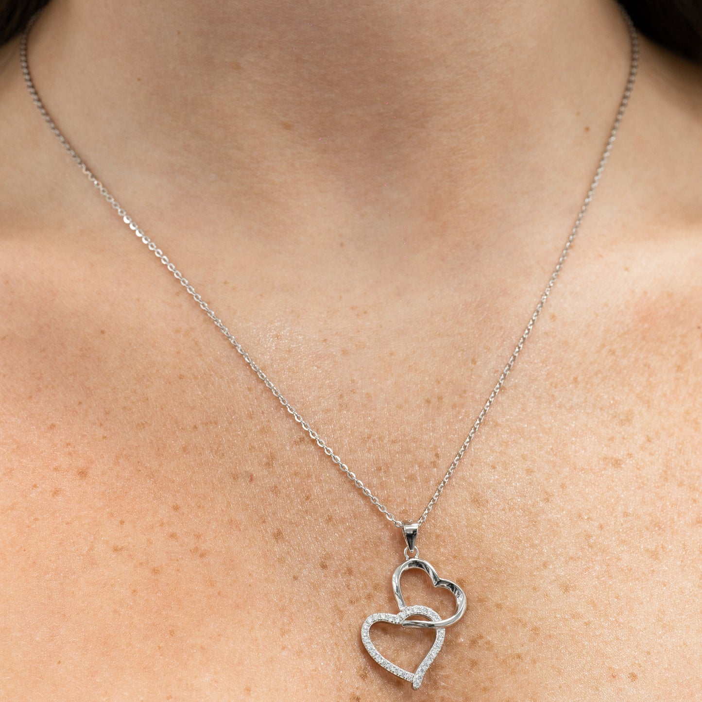 Sterling Silver Rhodium Plated Interlocking Hearts Zirconia Necklace