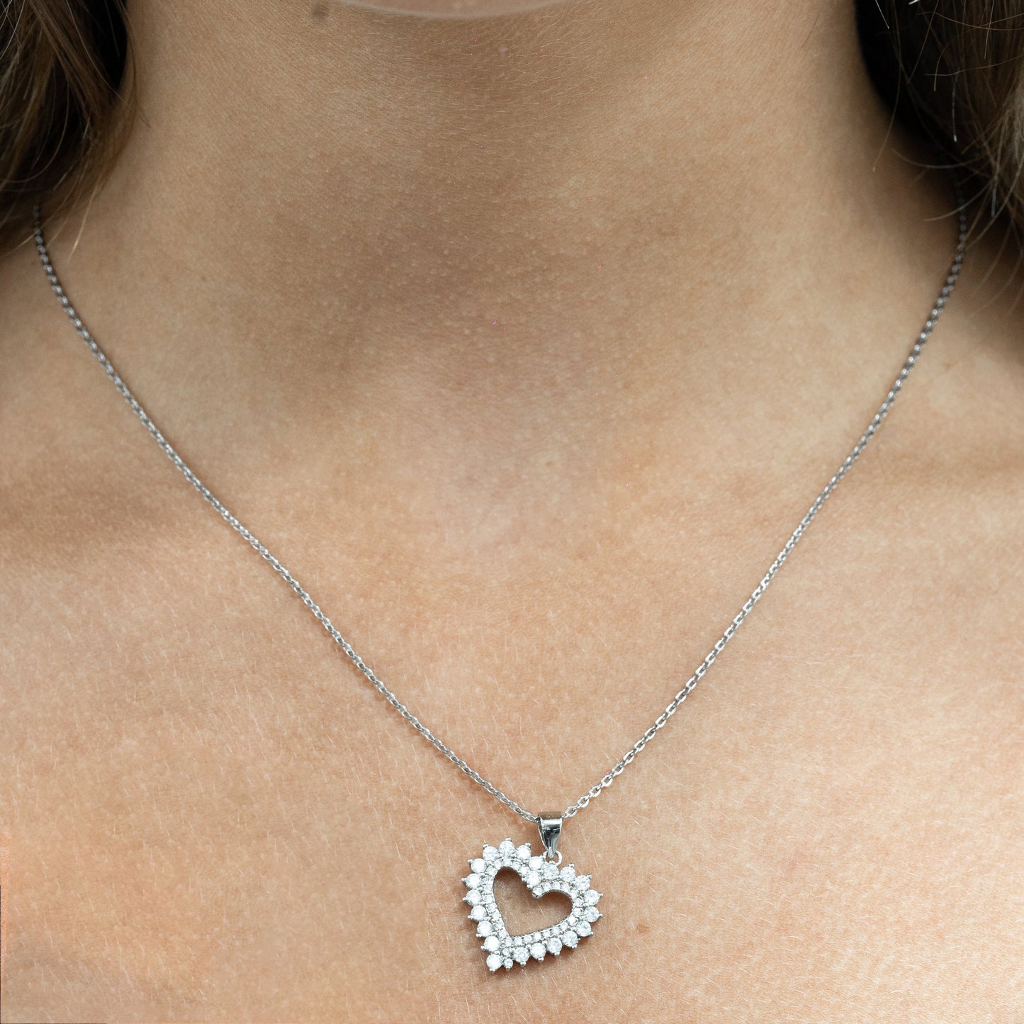 Sterling Silver Rhodium Plated Pave Heart Zirconia Necklace