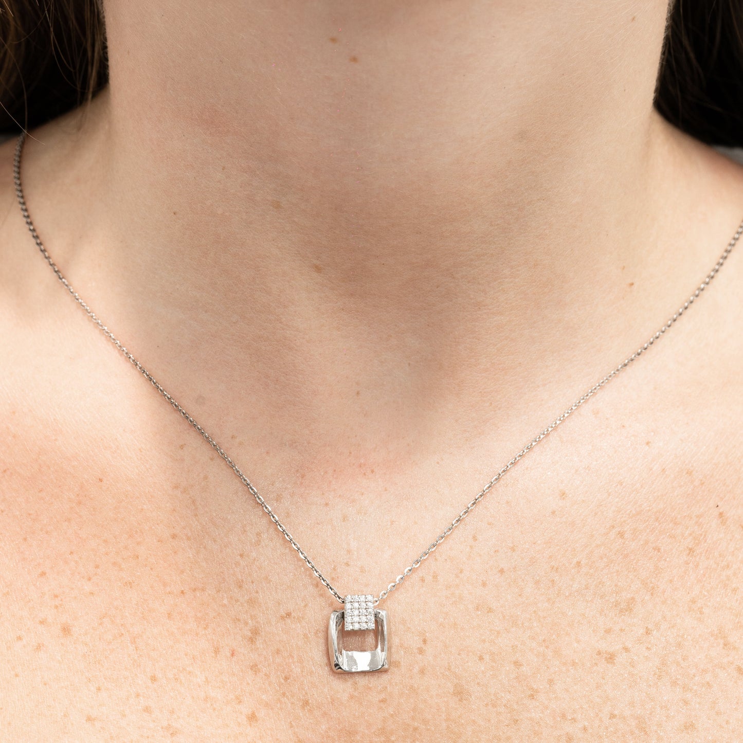 Silver Cubic Zirconia Square Pendant Necklace