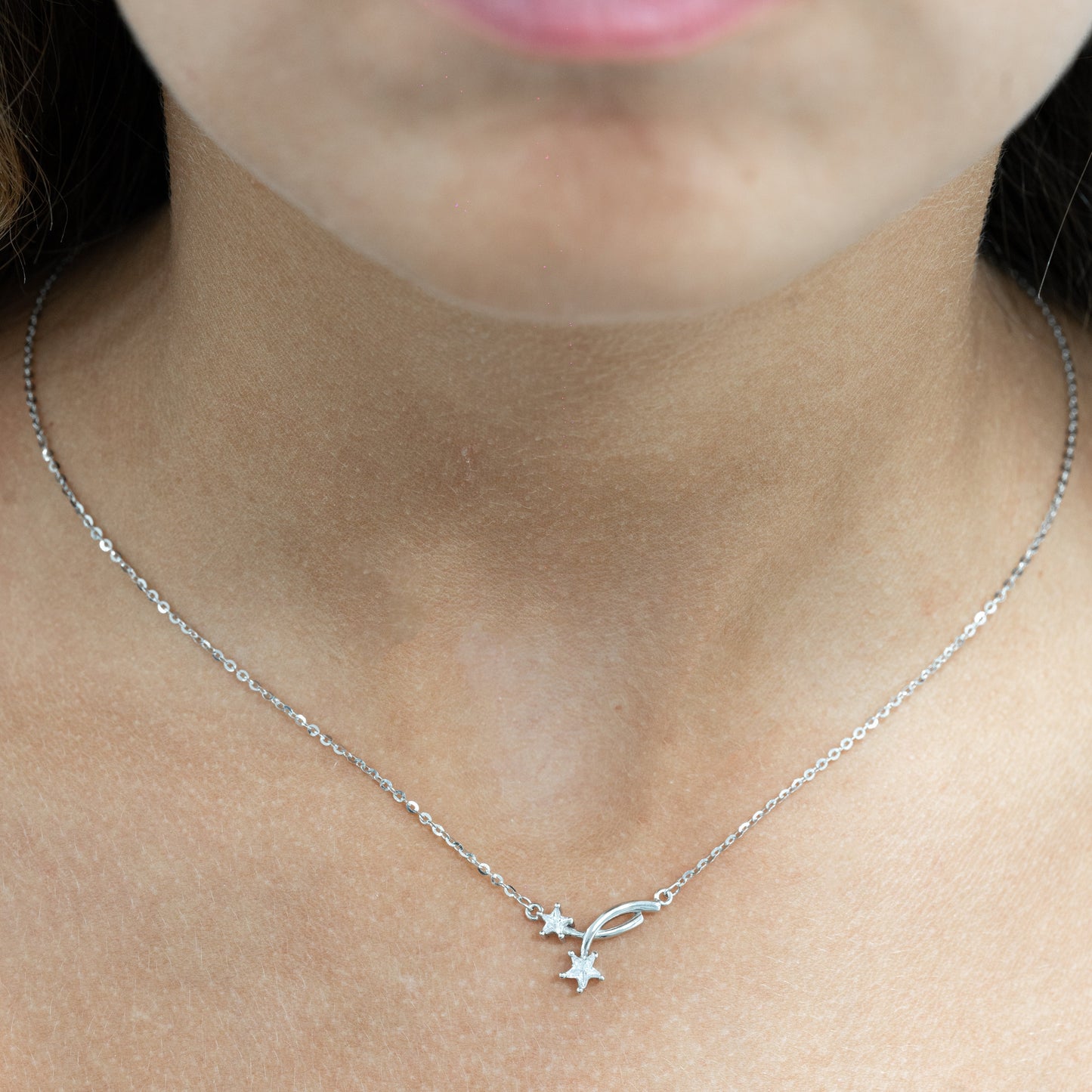 Sterling Silver Rhodium Plated Cubic Zirconia Star Motif Necklace