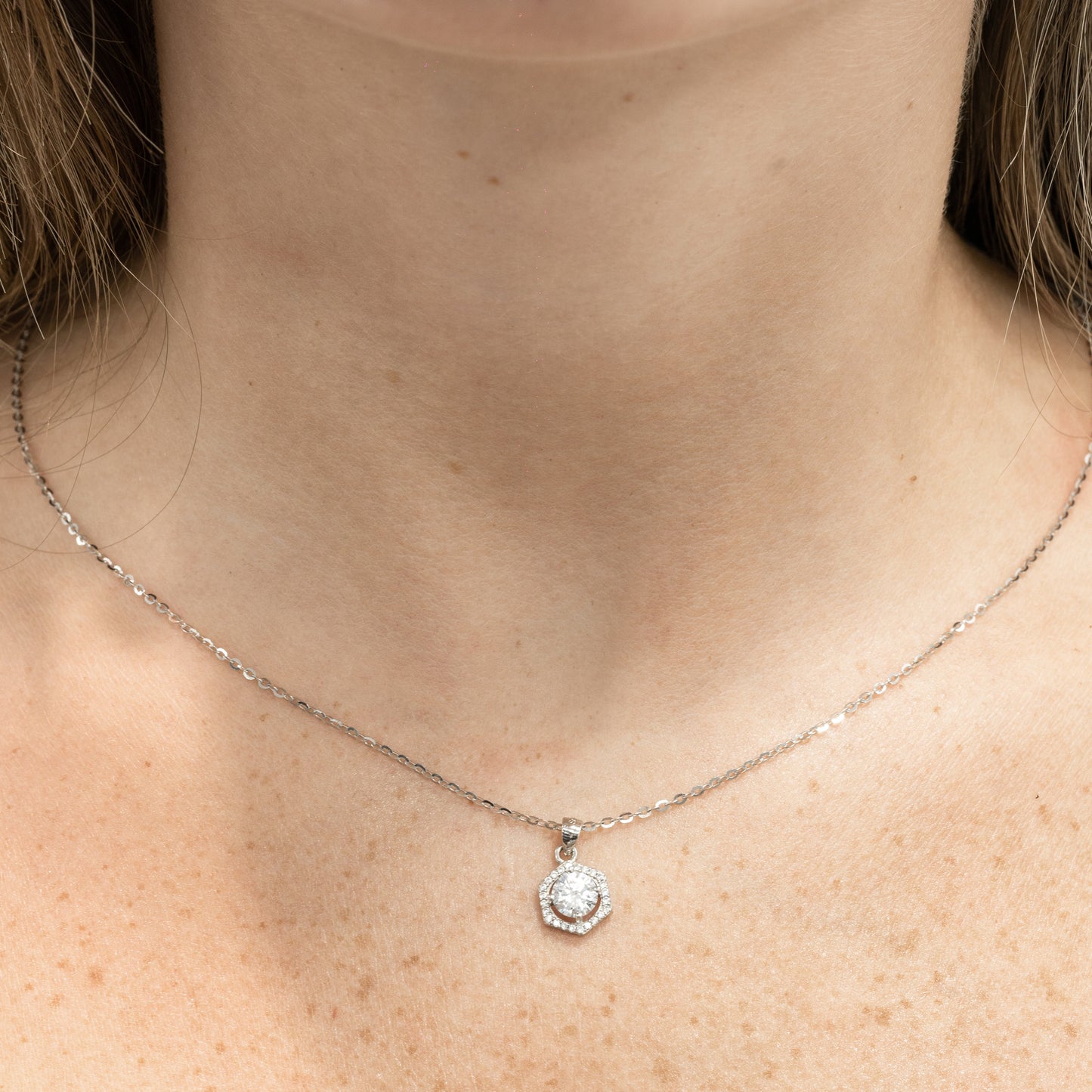 Sparkling Sterling Silver Hexagon Halo Pendant Necklace