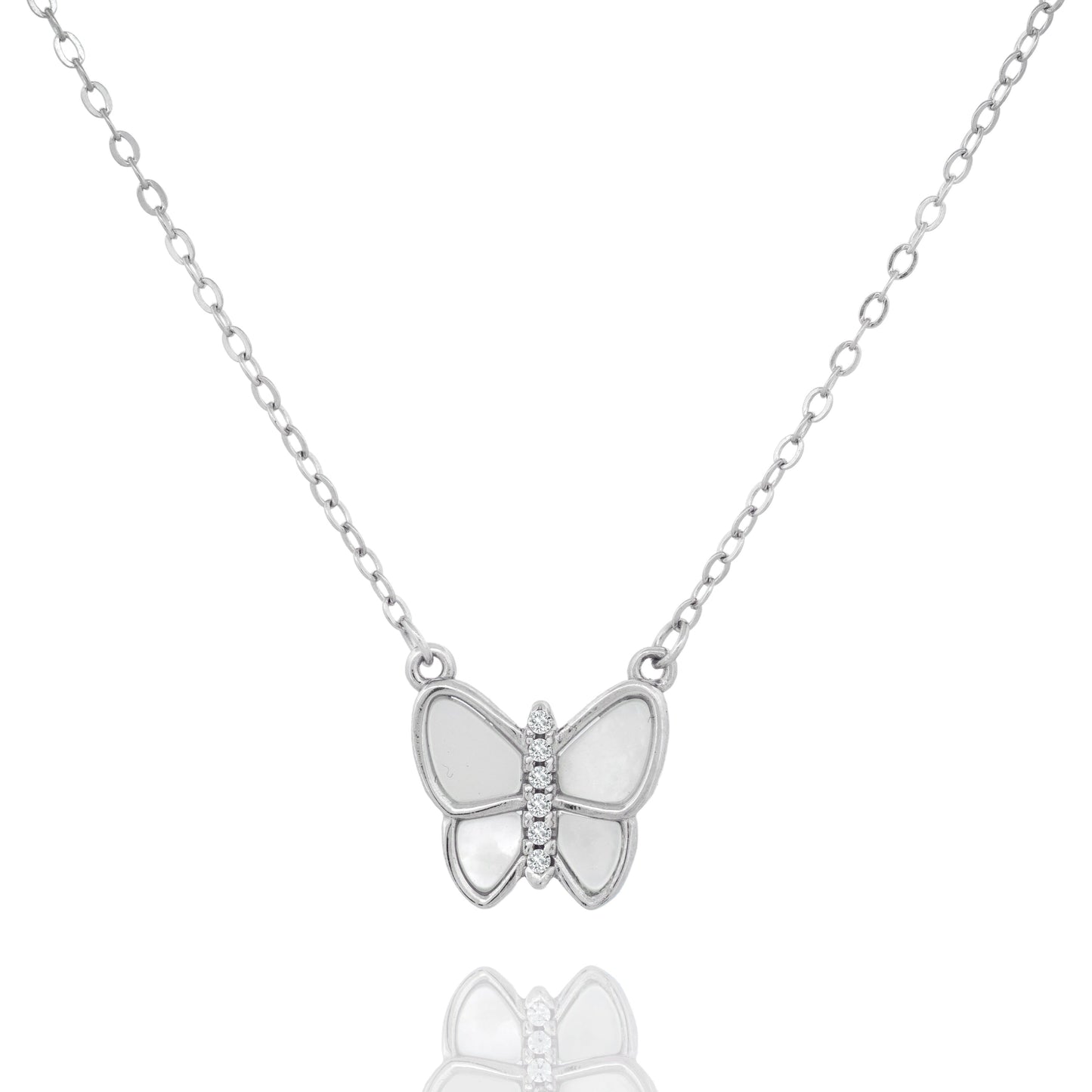 Elegant Mother-of-Pearl Butterfly Sterling Silver & Cubic Zirconia Necklace