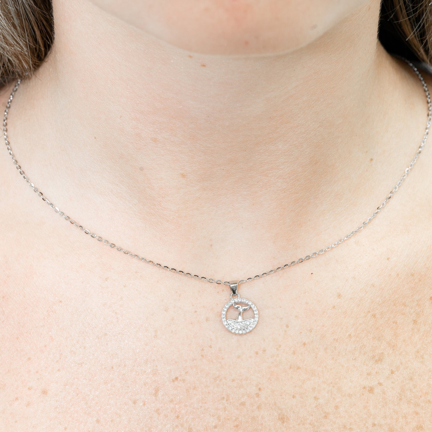 Silver Whale Tail Circle Pendant Necklace