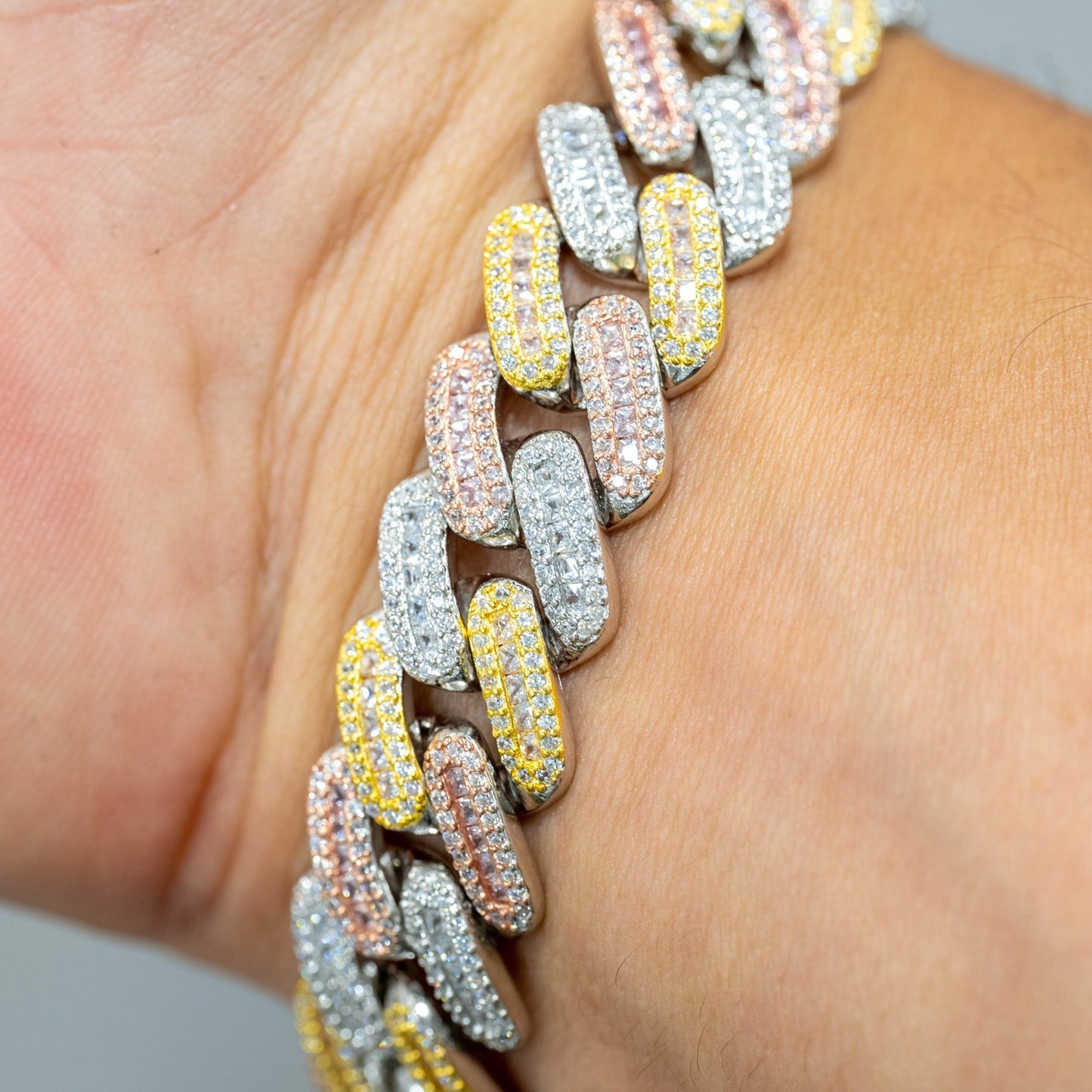 Tri-Tone Iced Miami Cuban Link Bracelet 15mm - 8.25'' 925 Silver With Rhodium