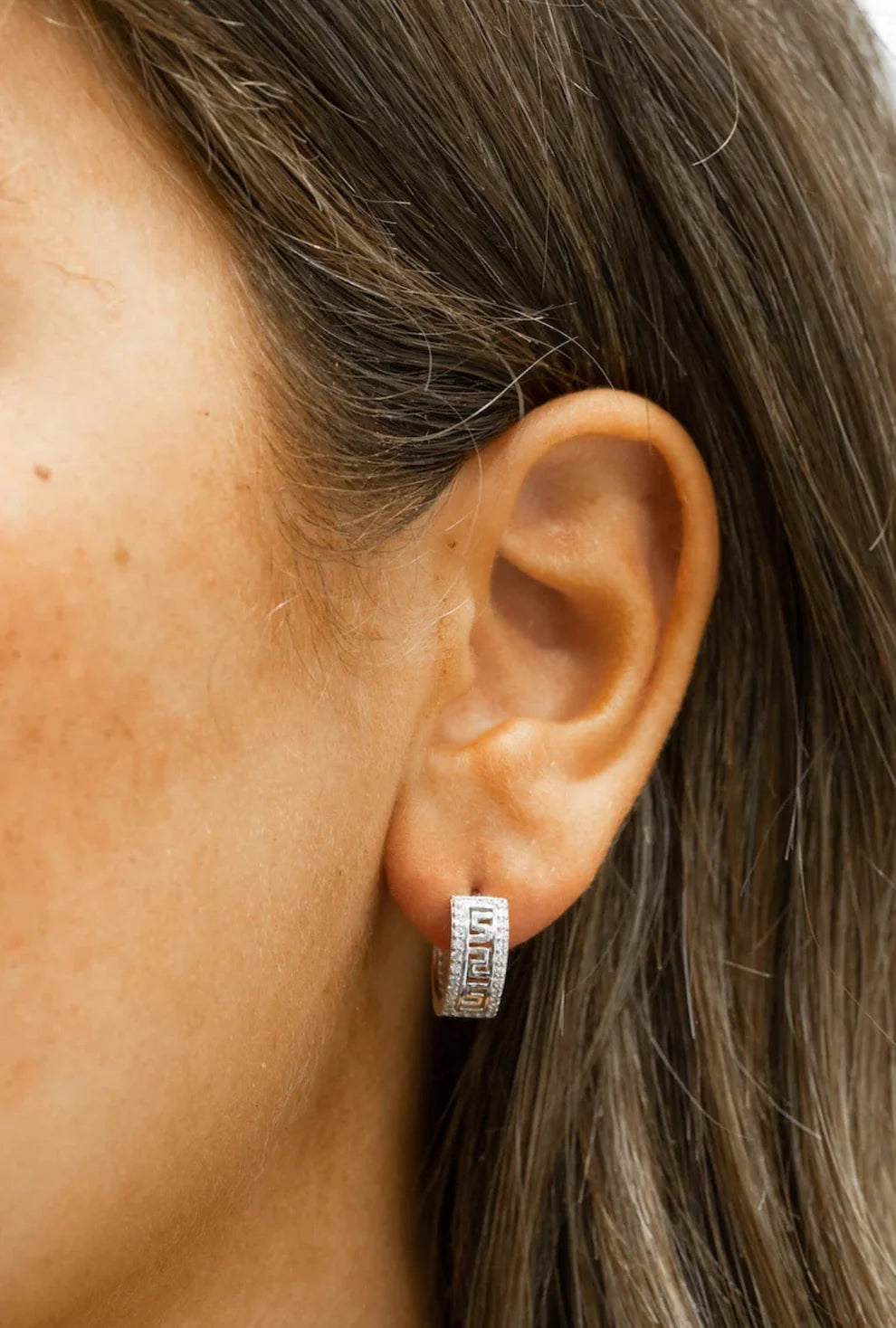 Sterling Silver Greek Key CZ Hoop Earrings