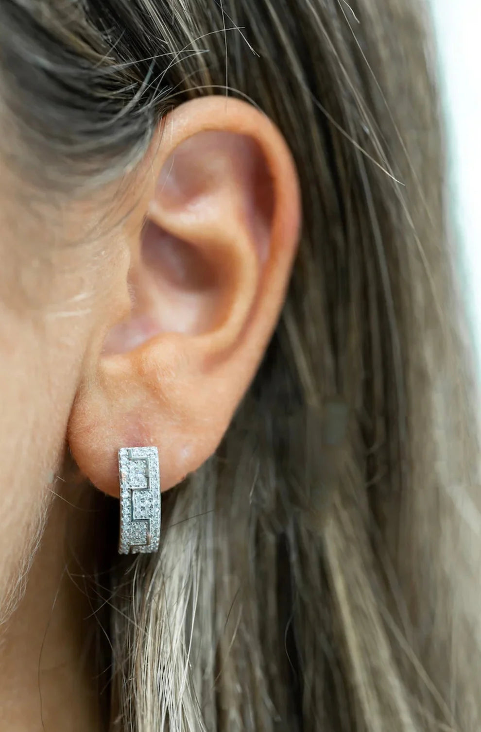 Sterling Silver Pave CZ Geometric Hoop Earrings