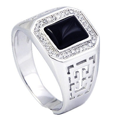 Sterling Silver Black Onyx Ring with Cubic Zirconia Accents