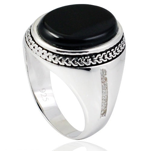 Men's Sterling Silver Black Onyx Ring with Cubic Zirconia