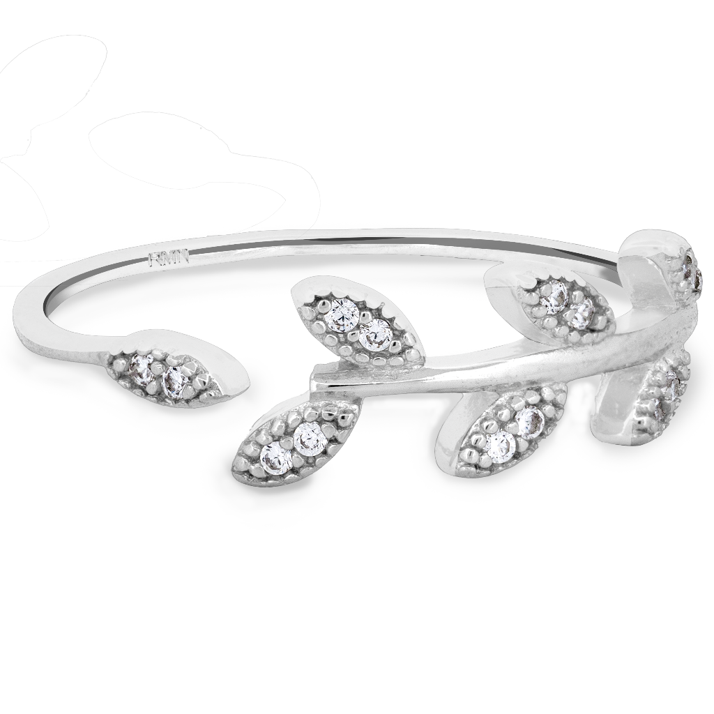 Sterling Silver Leaf Motif CZ Ring