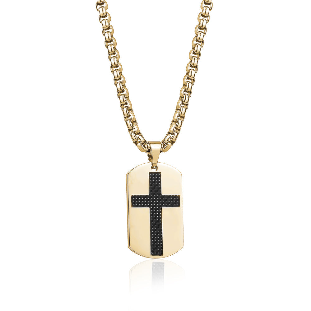 Gold & Black IP Cross Dog Tag Pendant Necklace