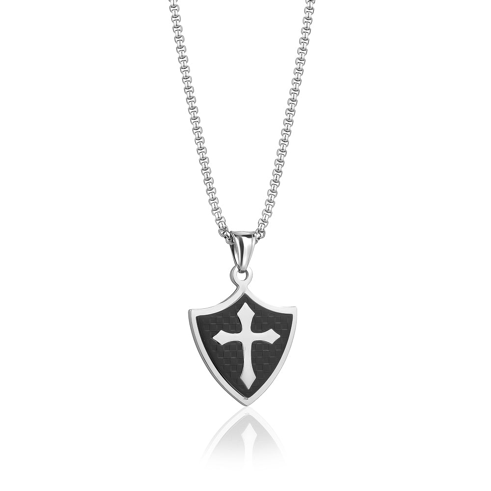 Men's Stainless Steel Shield of Faith Joshua 1:9b Cross Necklace