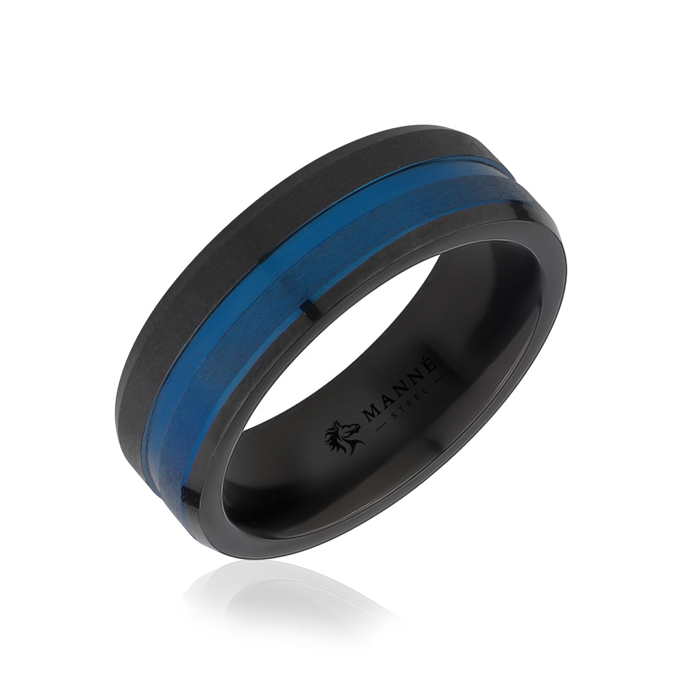 Manné Black & Blue Stripe Brushed Stainless Steel Band Ring