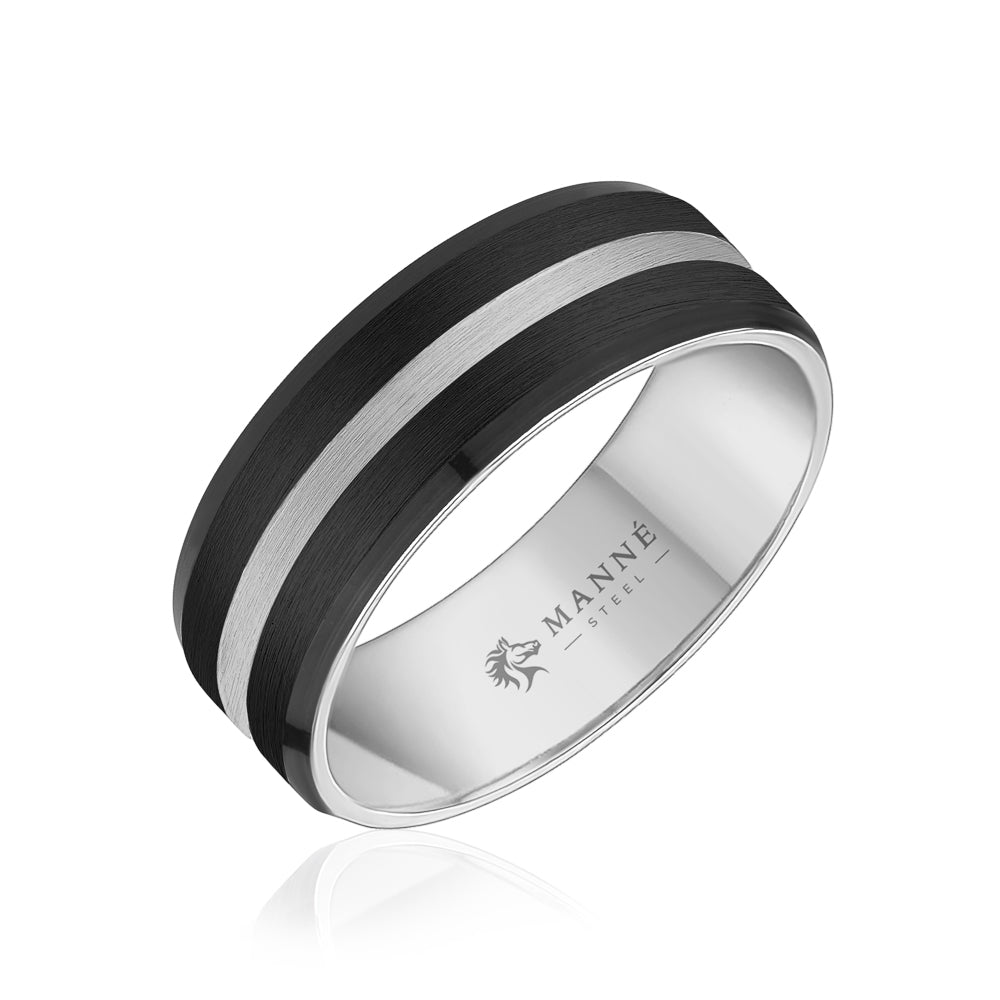 Manné Black Brushed & Silver Stripe Stainless Steel Ring