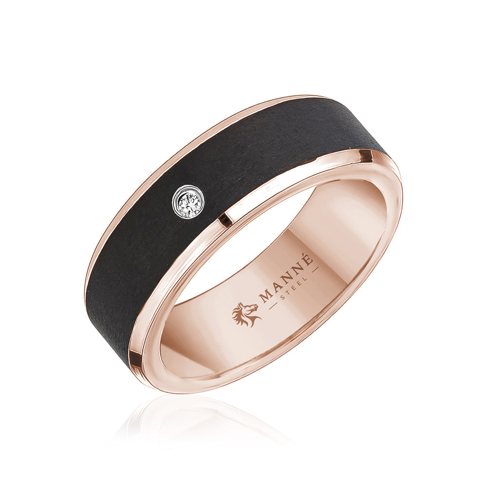 Black Stainless Steel Band with Rose Gold & CZ Solitaire