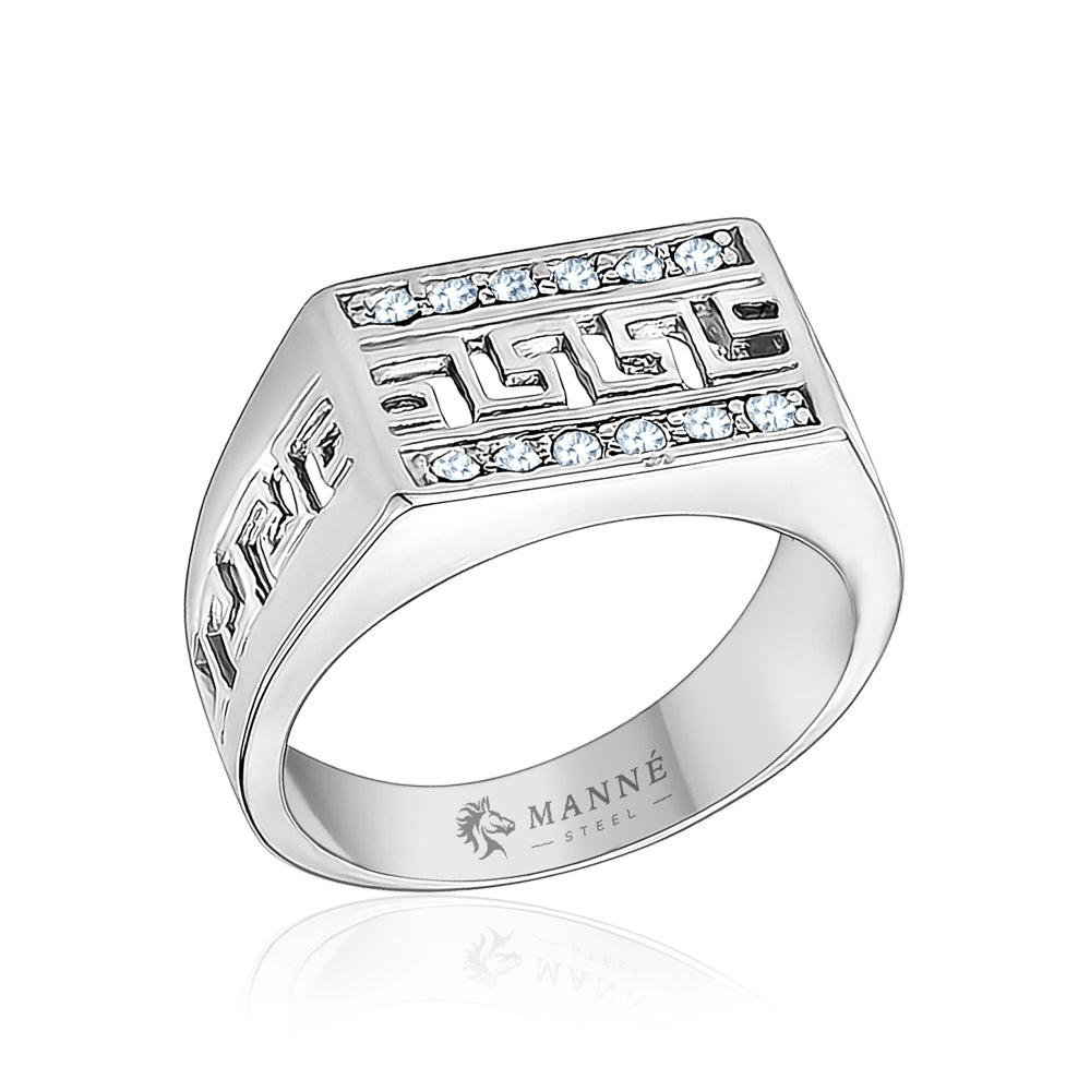 Manné Crystal & Greek Key Stainless Steel Ring
