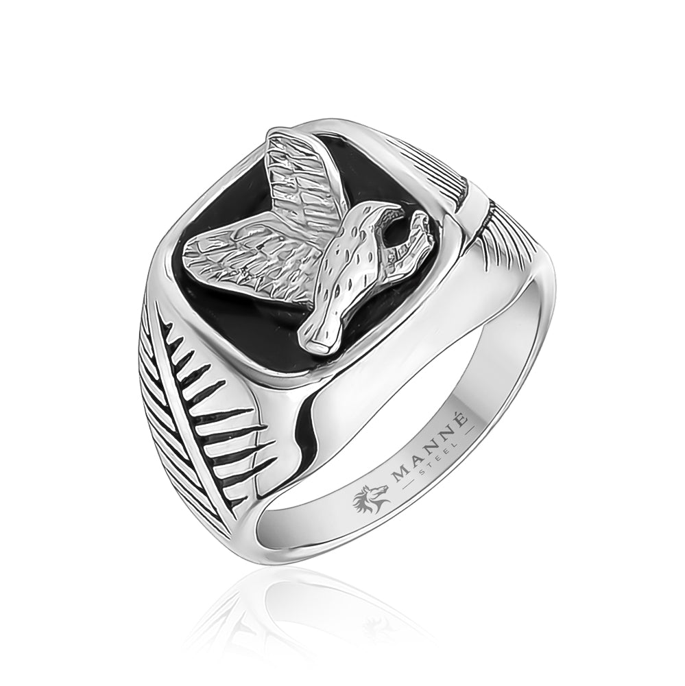 Eagle in Flight Stainless Steel Ring with Black Enamel