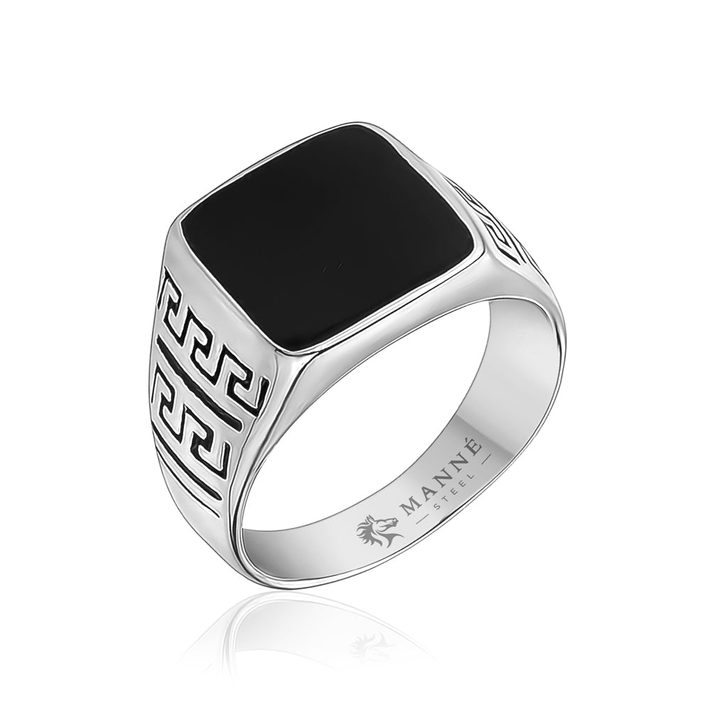 Men's Black Opal & Greek Key Stainless Steel Ring