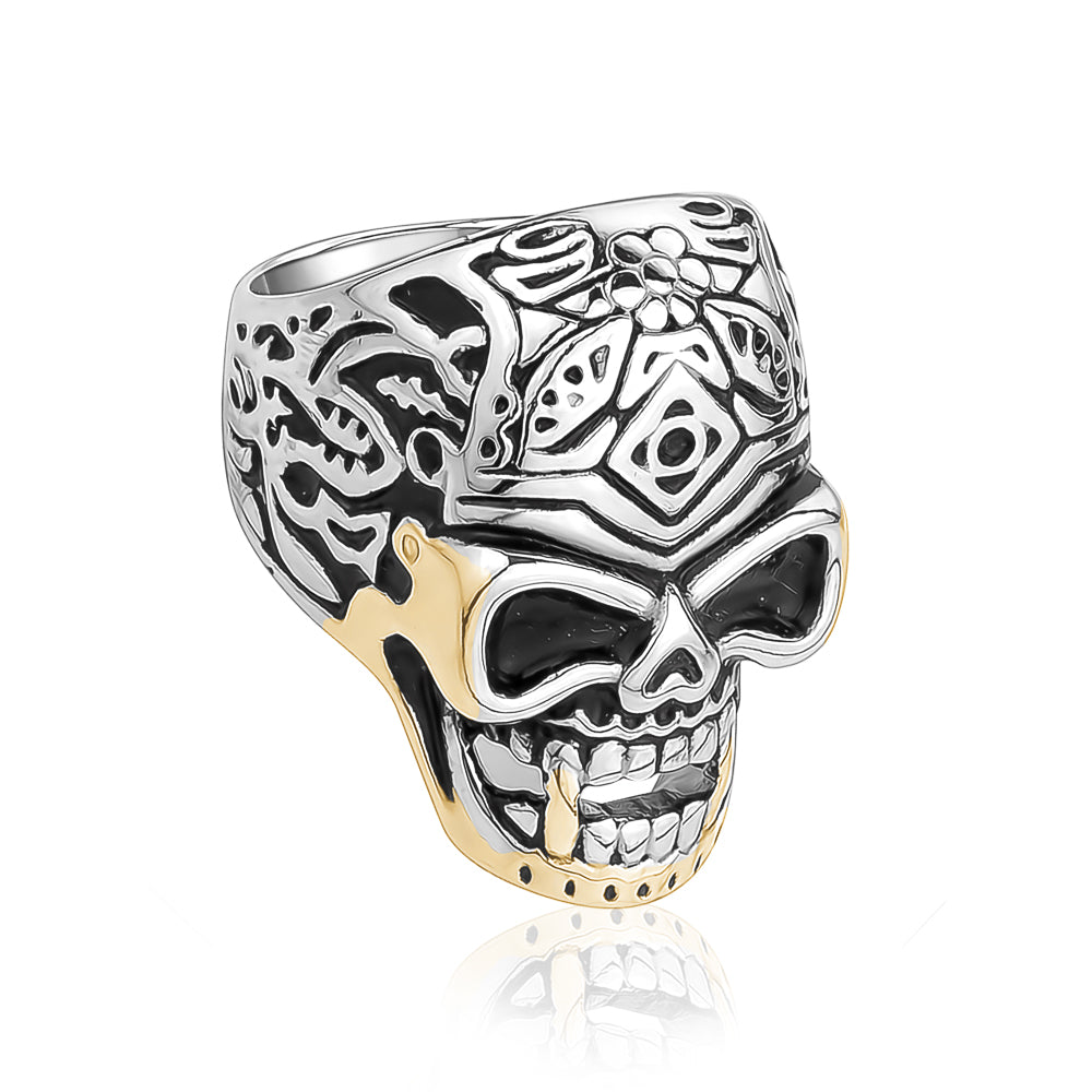 Men's 3D Skull Head Stainless Steel Ring with Gold Detailing