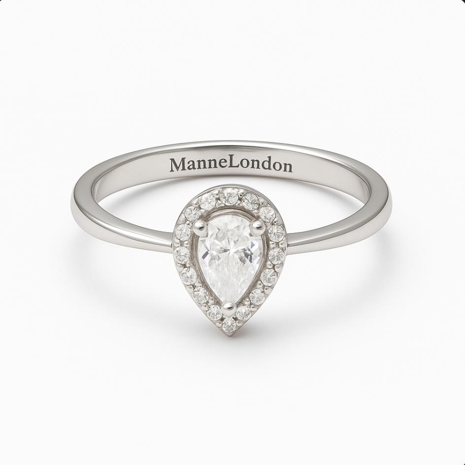 0.5ct D-Colour Moissanite Pear Halo Sterling Silver Engagement Ring - GRA Certified