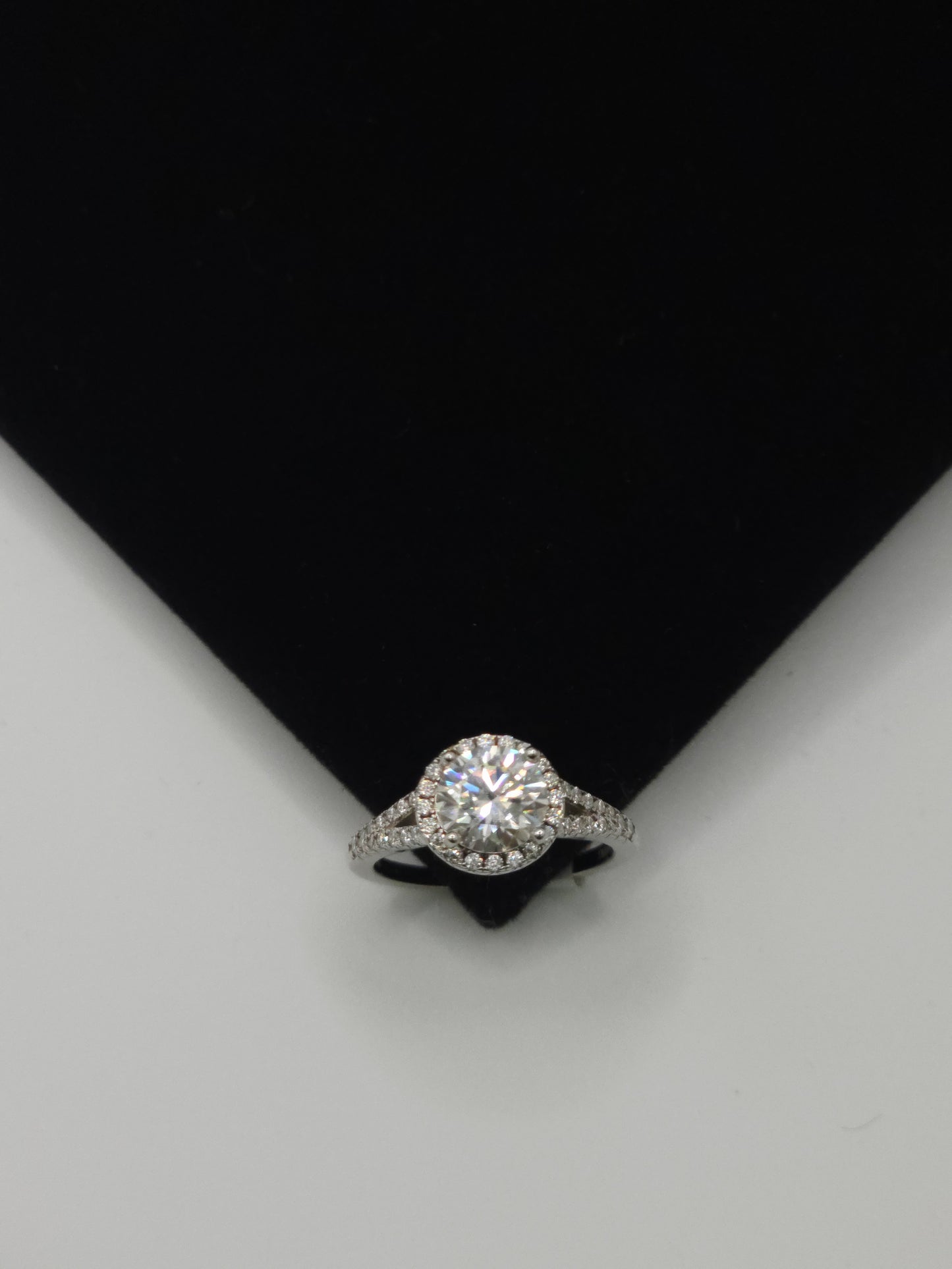 1.5ct D-Color Moissanite Halo Ring. GRA Certified