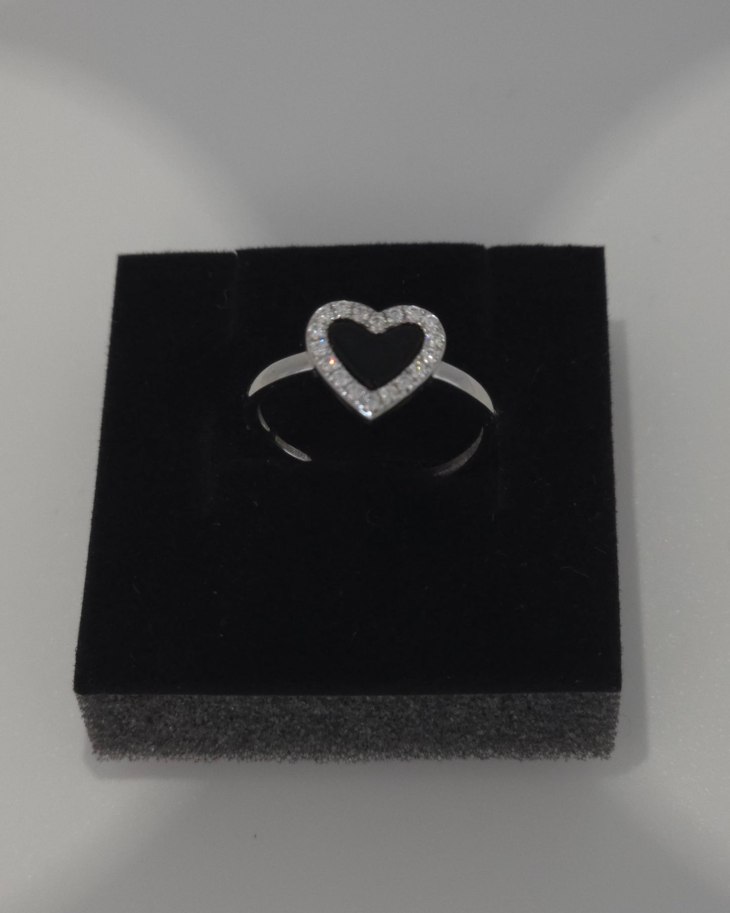 Sterling Silver 925 Black Enamel Heart Ring with CZ Halo