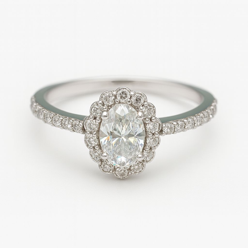 0.5ct D Colour Oval Halo Moissanite Silver Ring | GRA Certified