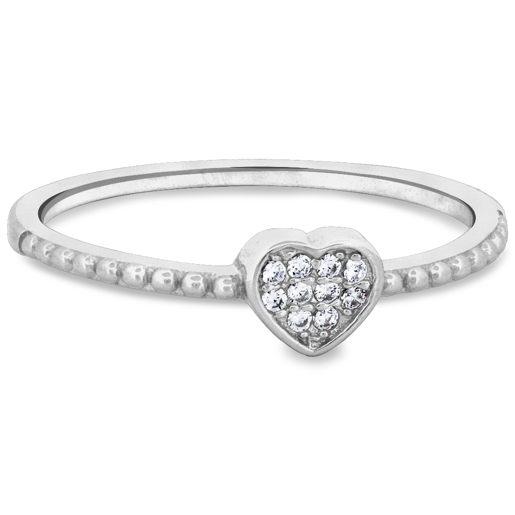 Sterling Silver Tiny Heart CZ Beaded Band Ring