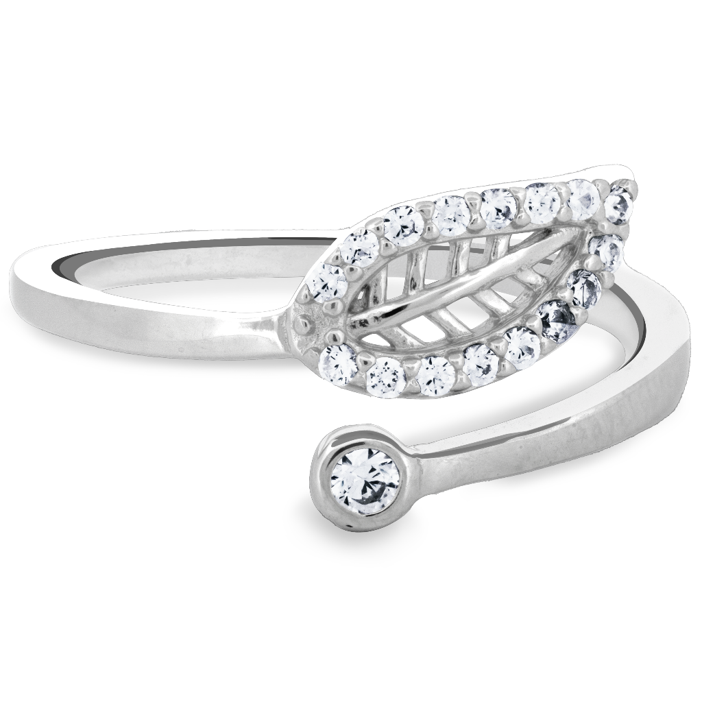 Sterling Silver Delicate Leaf CZ Bypass Ring