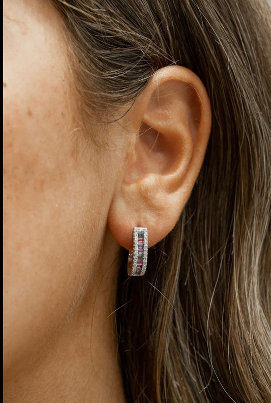 Dazzling Multi-Tone Baguette CZ Sterling Silver Huggie Hoops