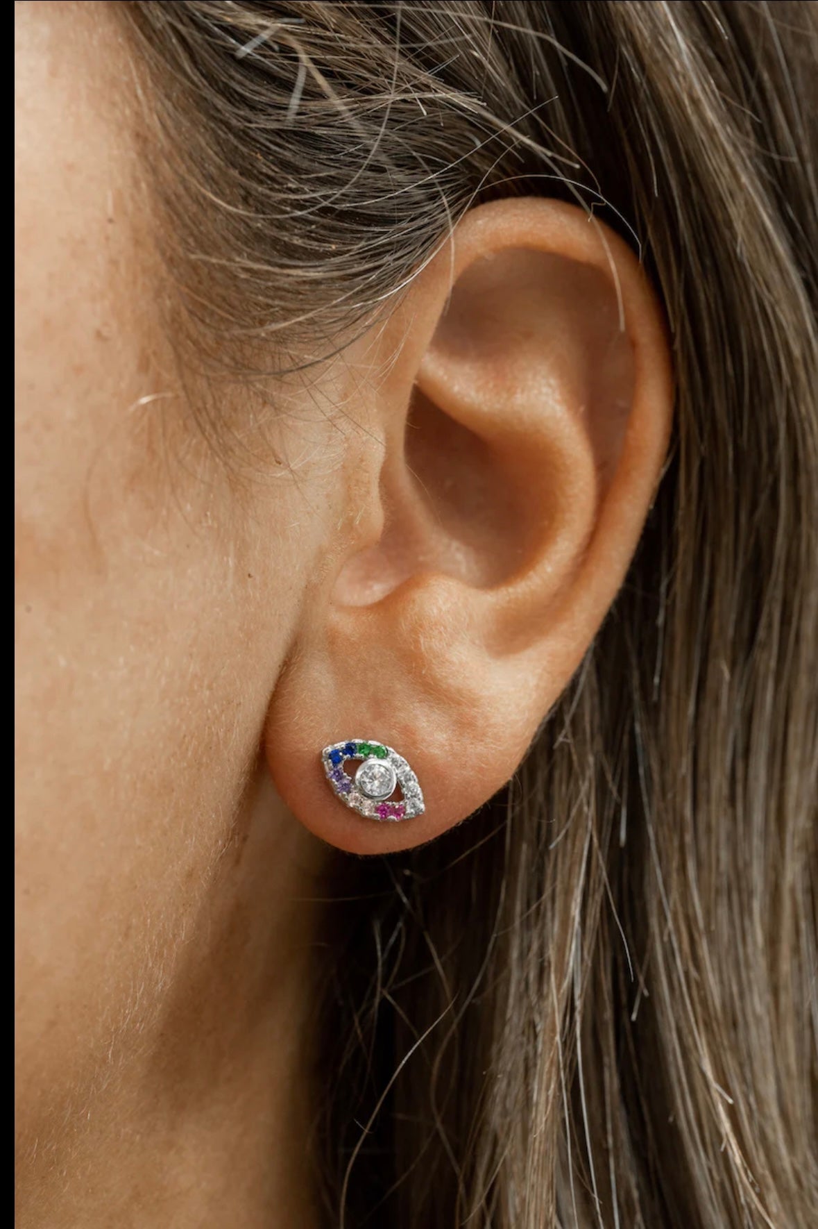 Sterling Silver Multi-Colour CZ Evil Eye Ear Studs