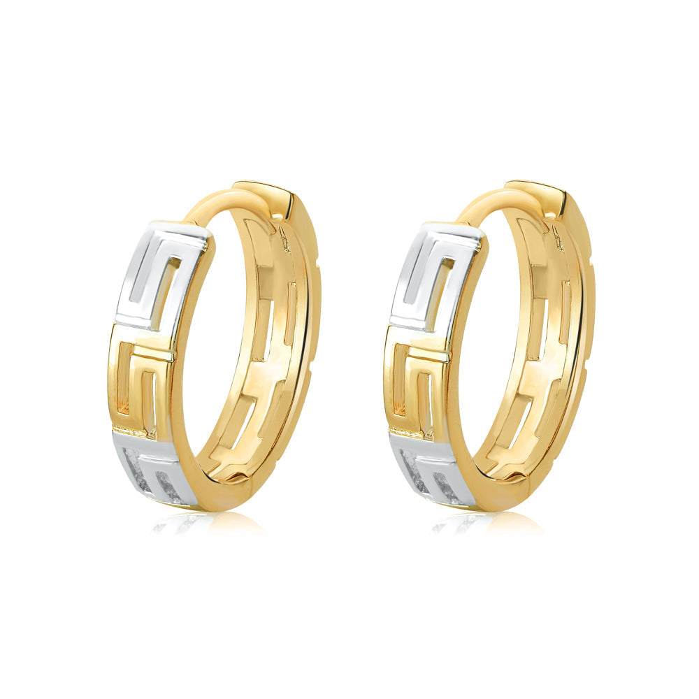 18ct Gold plated Two-Tone Greek Key Hoop Earrings