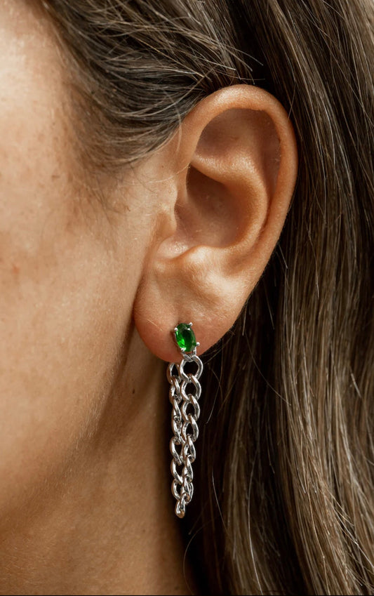 Sterling Silver Green CZ & Chain Drop Earrings