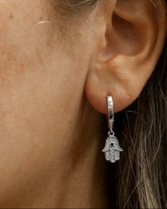 Sterling Silver Hamsa Hand & CZ Dangle Huggie Earrings