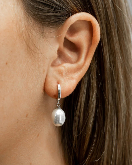 Sterling Silver Pearl Drop Huggie Hoop Earrings