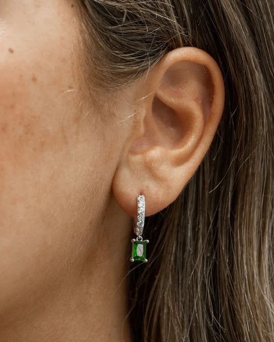 Sterling Silver Green Baguette CZ Drop Huggie Hoop Earrings