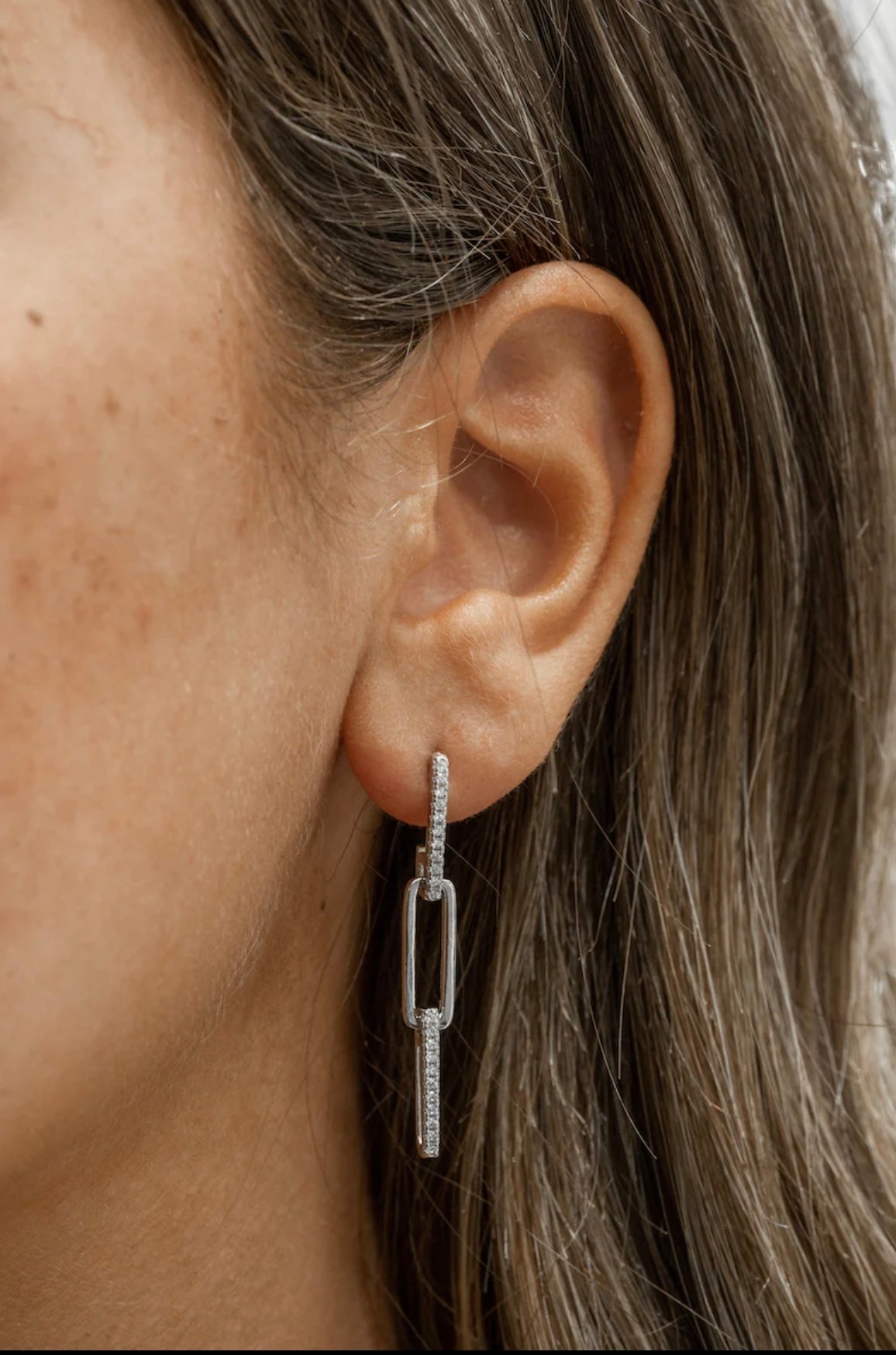 Sterling Silver Linked Pave Bar Drop Earrings