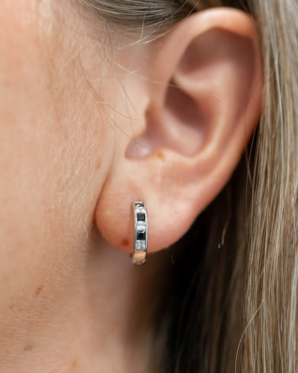 Sterling Silver Alternating Baguette Huggie Earrings