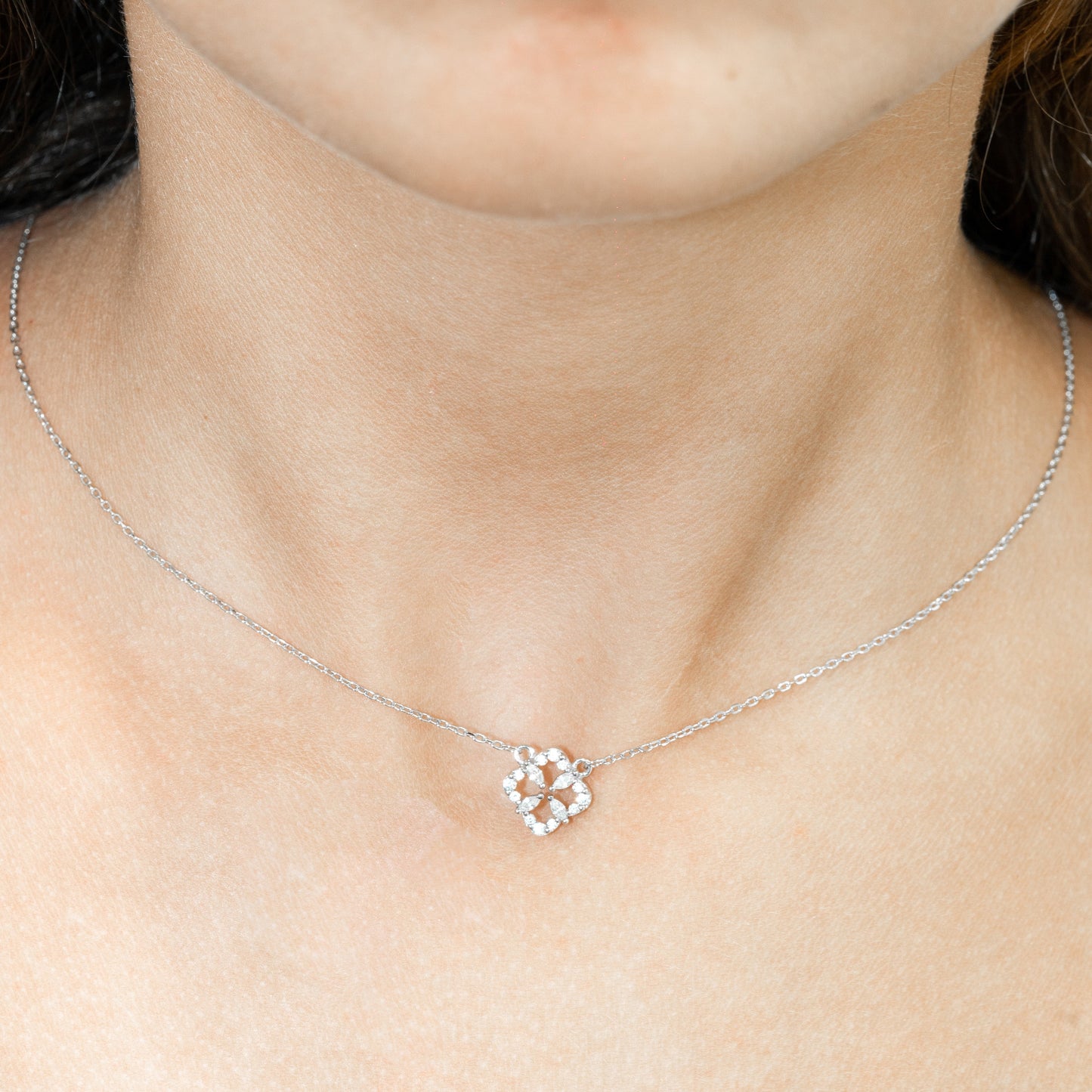 Silver Cubic Zirconia Square Halo Necklace