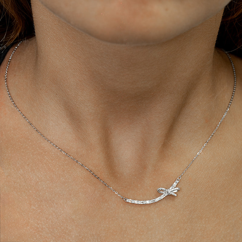 Silver Sparkly Bow Pendant Necklace