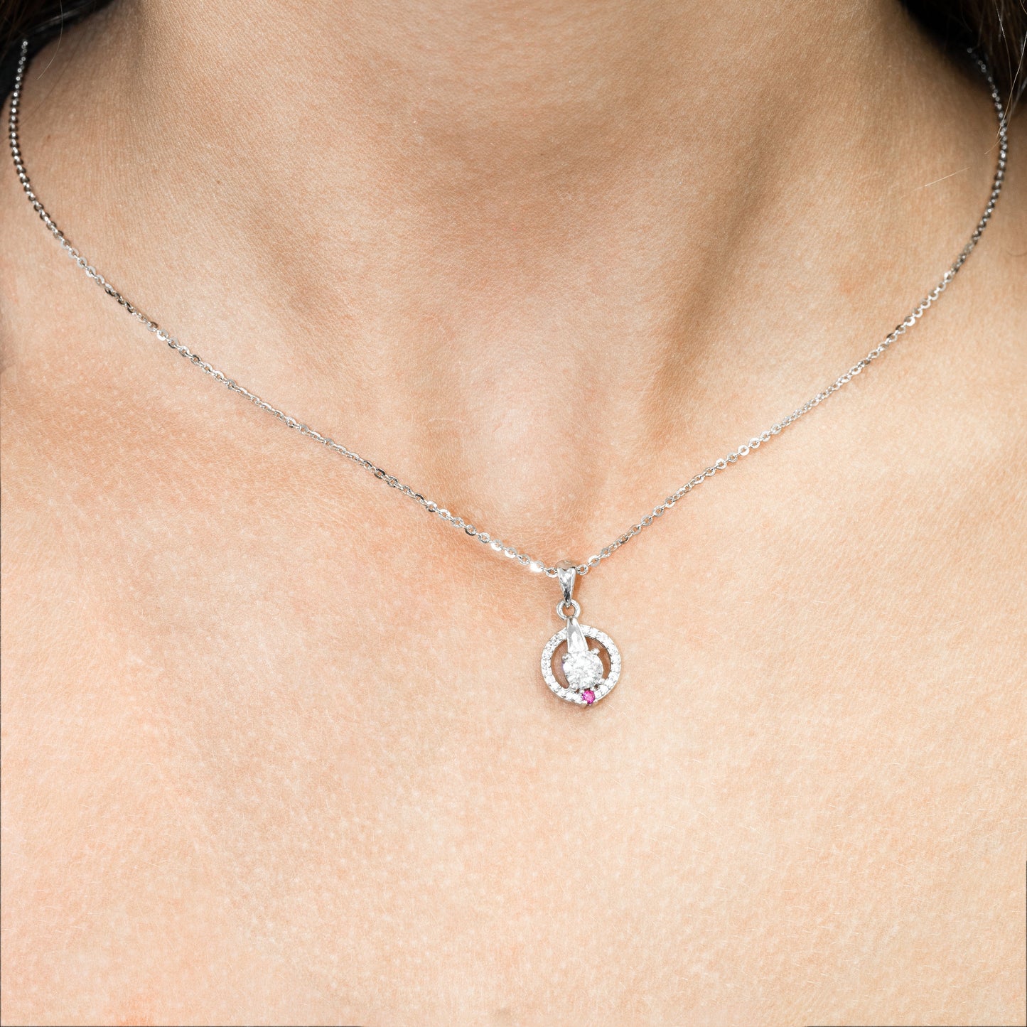 Elegant Sterling Silver Circle Pendant Necklace with Cubic Zirconia and Accent Stone