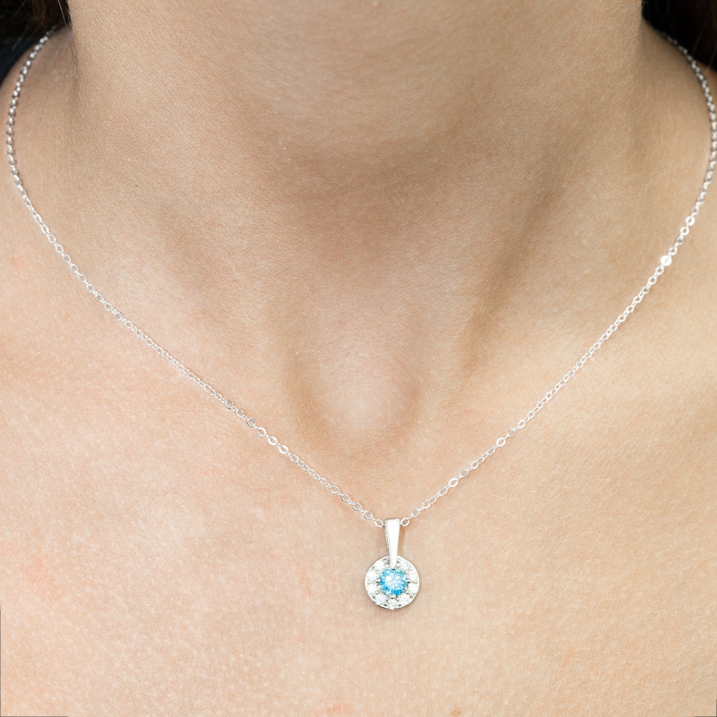 Silver Round Blue Gemstone Pendant Necklace