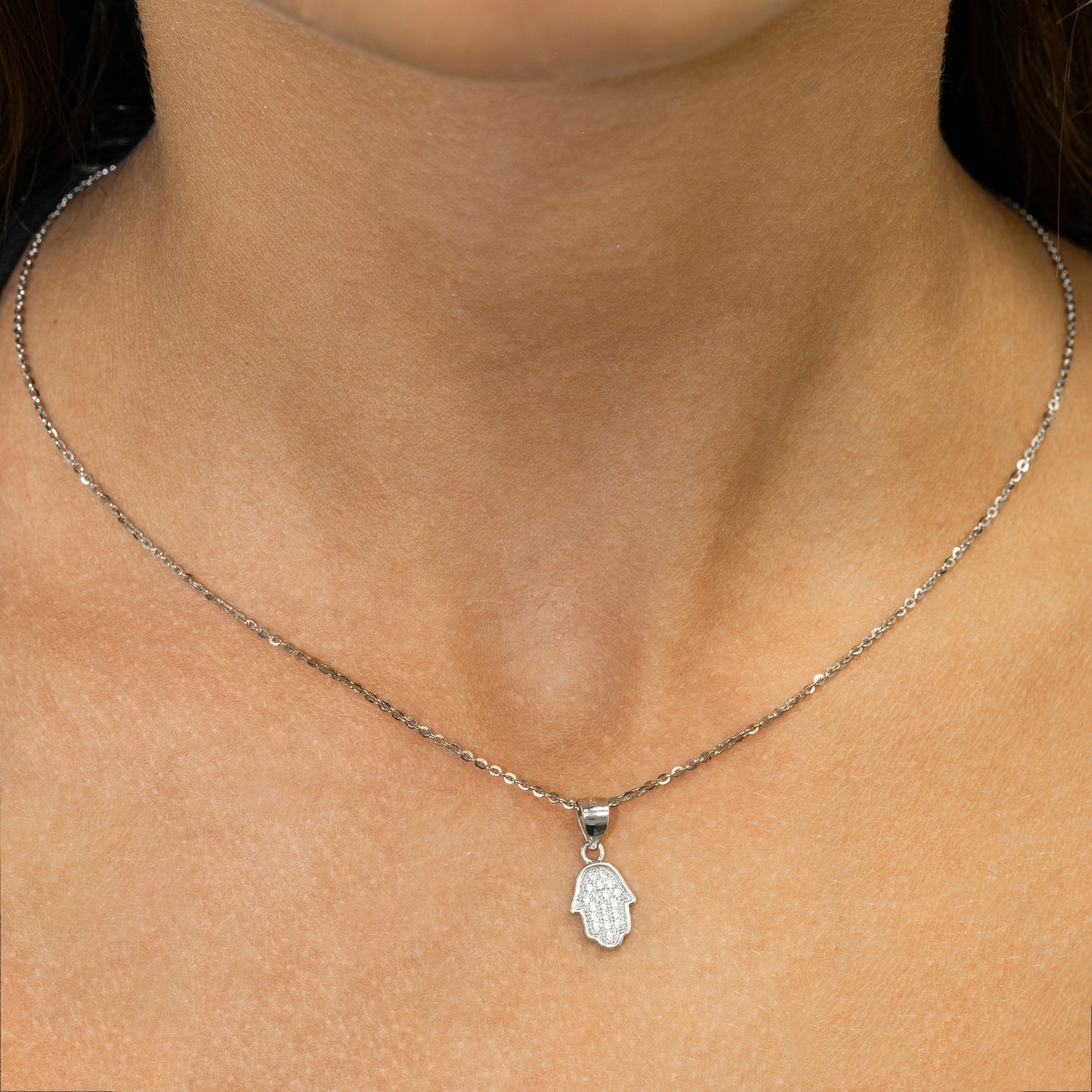 Sparkling Sterling Silver Hamsa Hand Pendant Necklace