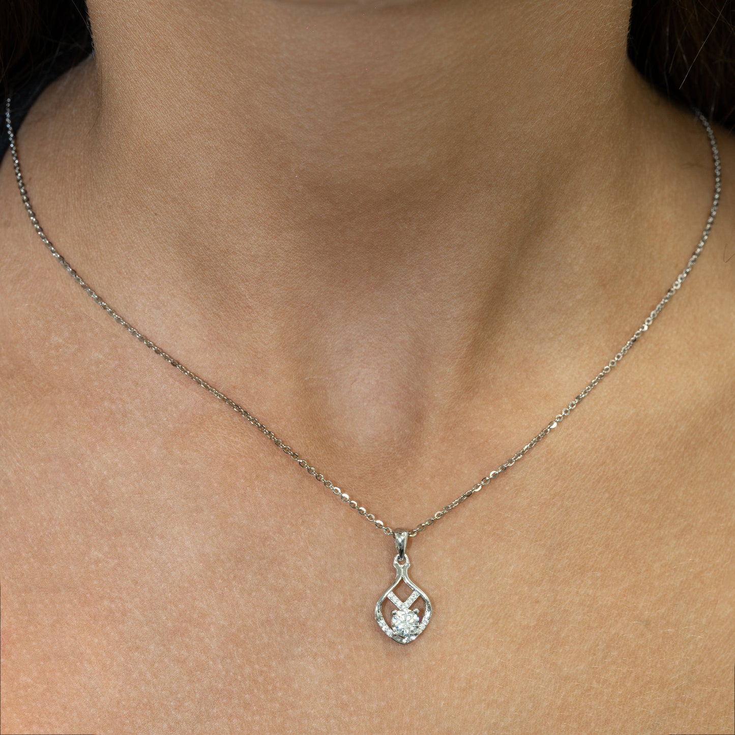 Elegant Sterling Silver Pear-Shaped Halo Pendant Necklace